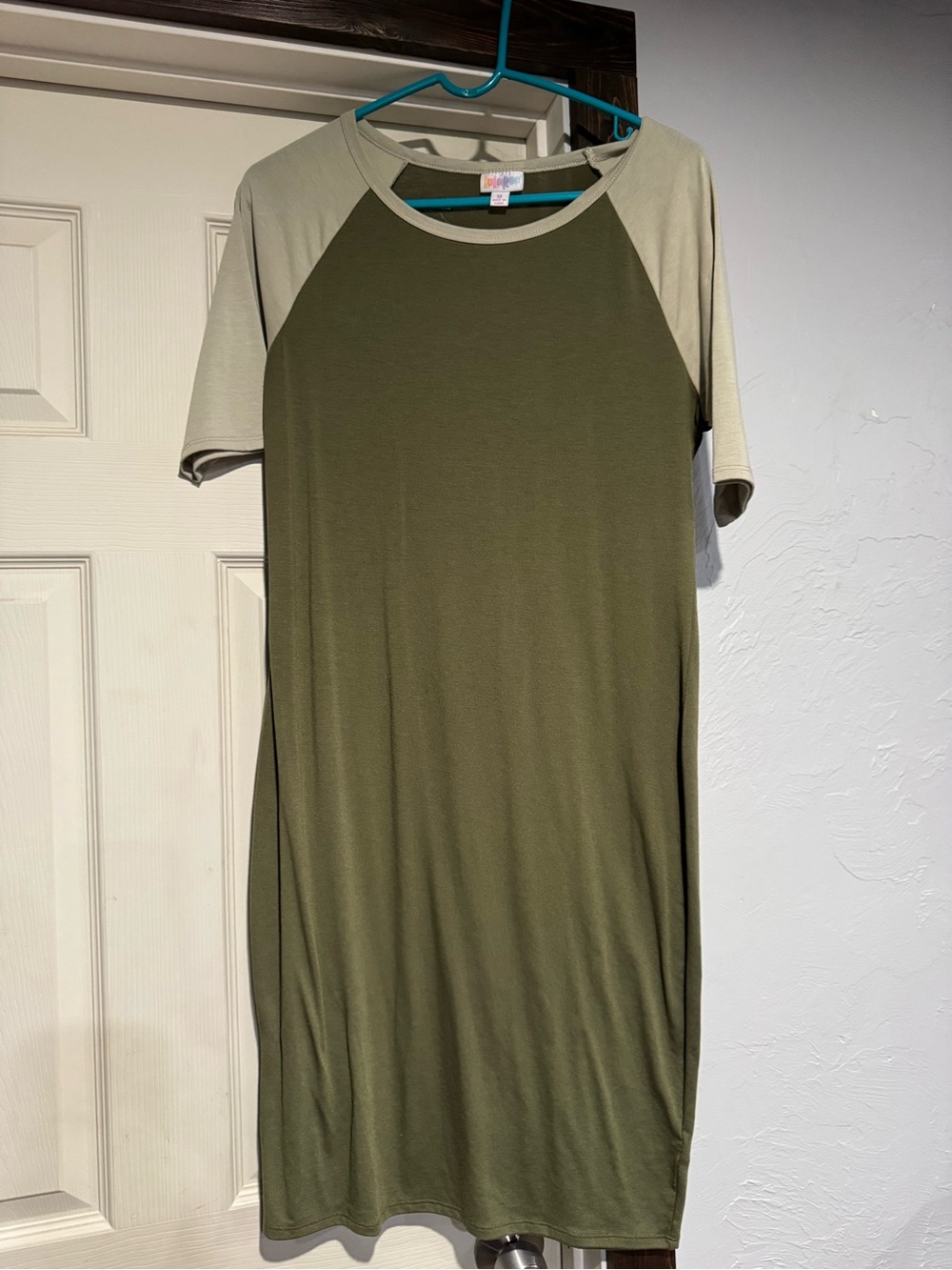 LuLaRoe Olive Green Midi Dress with Cream Raglan Sleeves